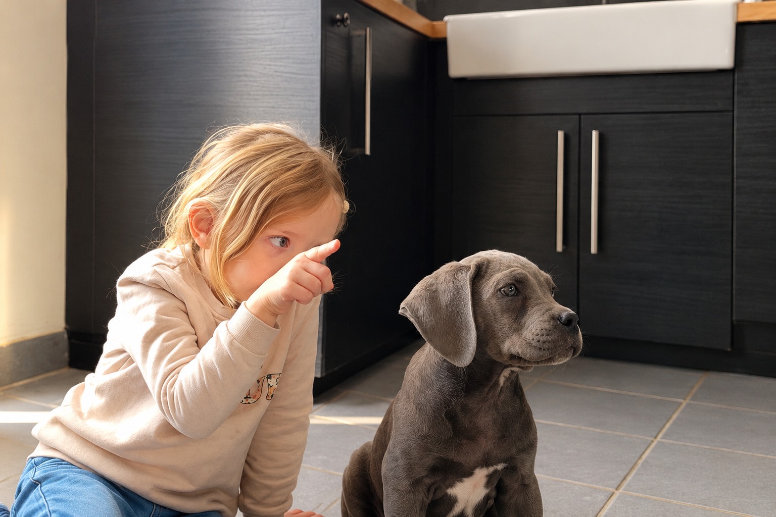 Un enfant assis près d’un chiot Cane Corso dans la maison.